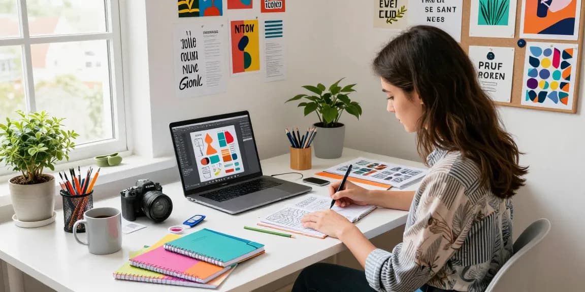 Young designer creating custom printed notebooks in a vibrant workspace.