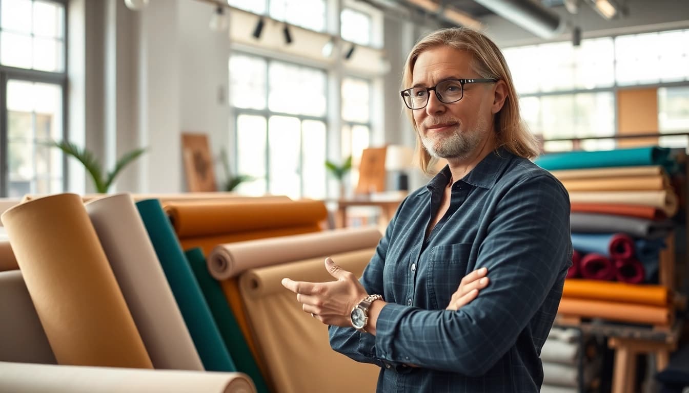 Stof kopen per meter met een interieurontwerper die stoffen selecteert in een lichte studio.