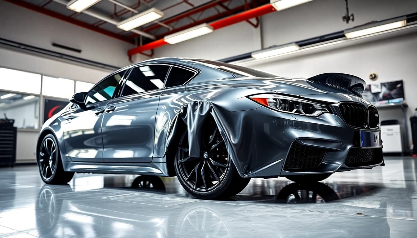 Applying paint protection film near me on a sleek car in a professional workshop setting.