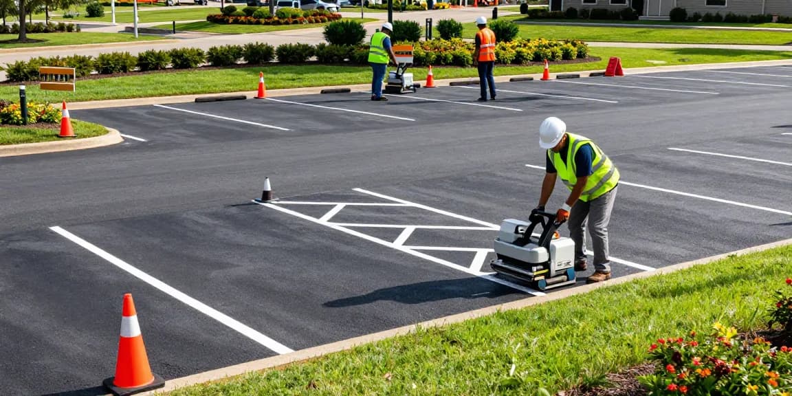Parking lot striping mobile al team applying fresh paint in a well-maintained lot.