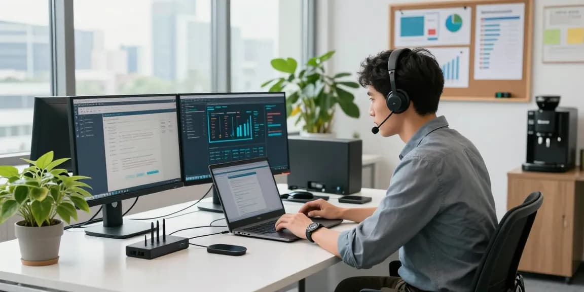 Small business IT support London technician troubleshooting a laptop in a modern office setting.
