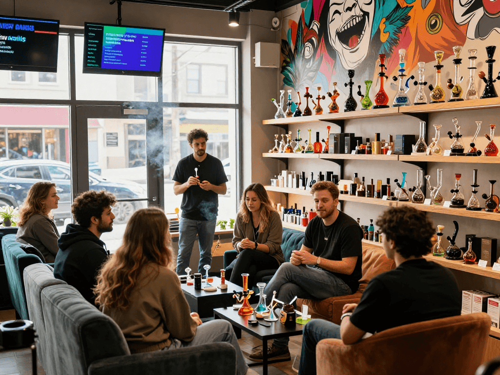 Explore the vibrant smoke shop atmosphere at https://moessmokeshopct.com with friends, showcasing colorful accessories and expert advice.