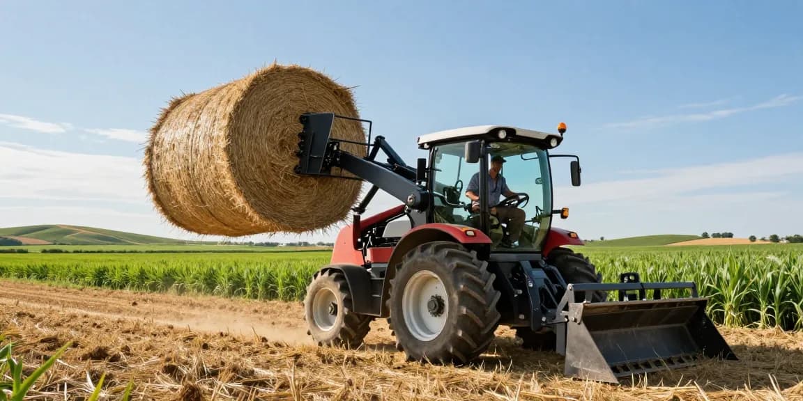 Farm electric loader efficiently lifting hay bales in a vibrant agricultural setting, showcasing strength and versatility.