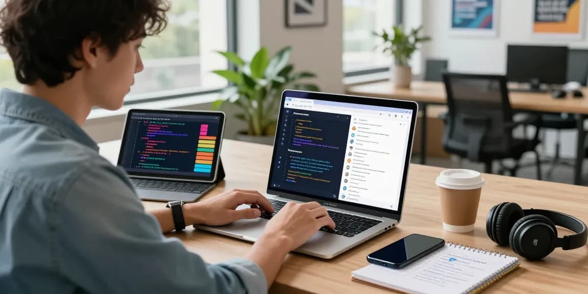 Telegram Download showcased on a modern tech workspace with a professional using the app on a laptop surrounded by gadgets.