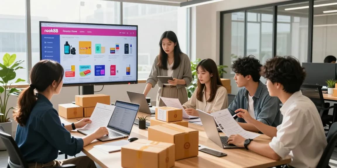 Collaborative e-commerce workspace showcasing rokok88 products in a bright environment.