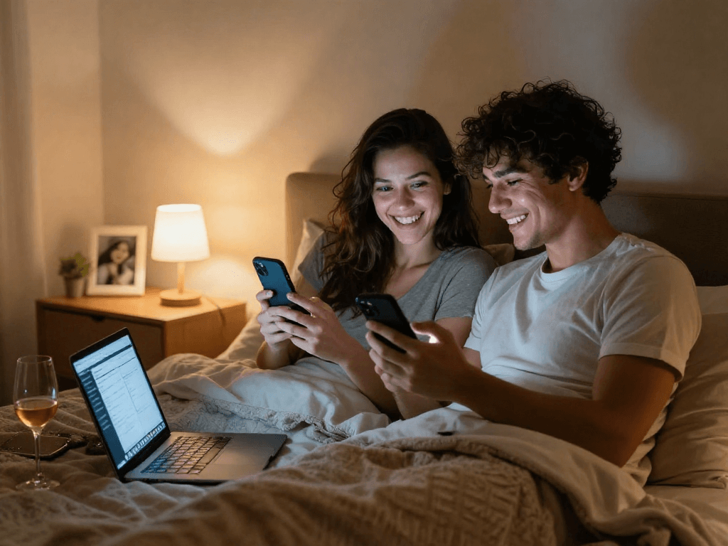 Couple engaging in sexting AI conversations in a cozy bedroom with warm lighting.