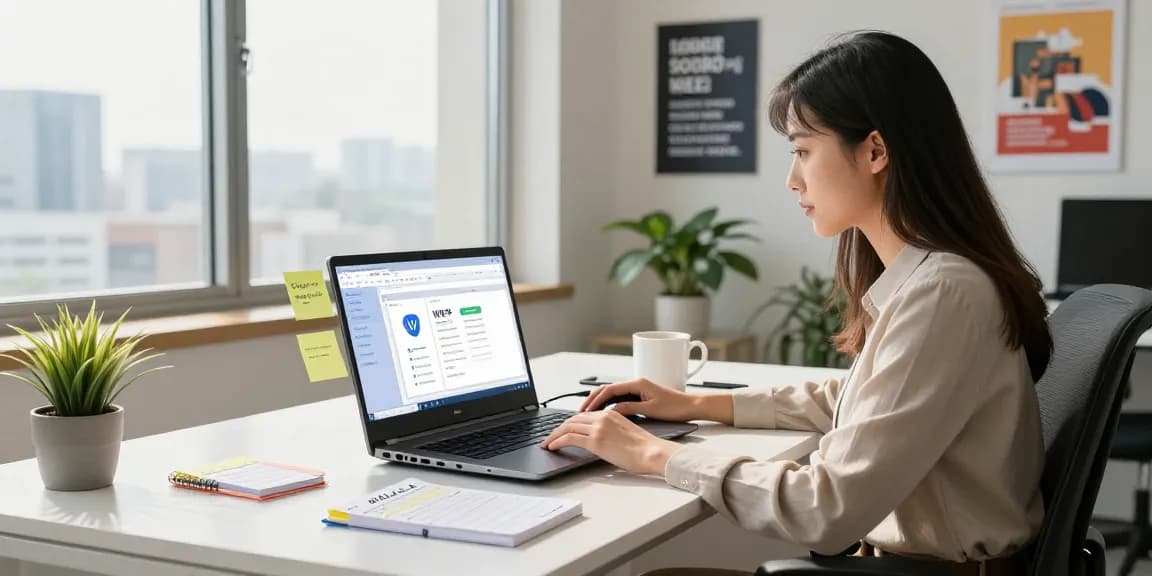 Professional workspace with WPS Download on laptop screen, showcasing productivity tools and a motivating environment.