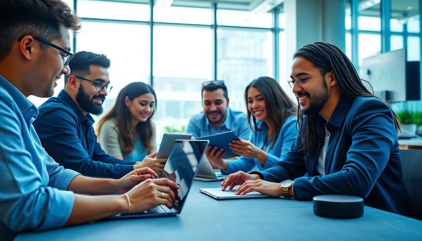 Showcase of advanced AI Voice technology in a modern workspace with a diverse team collaborating.