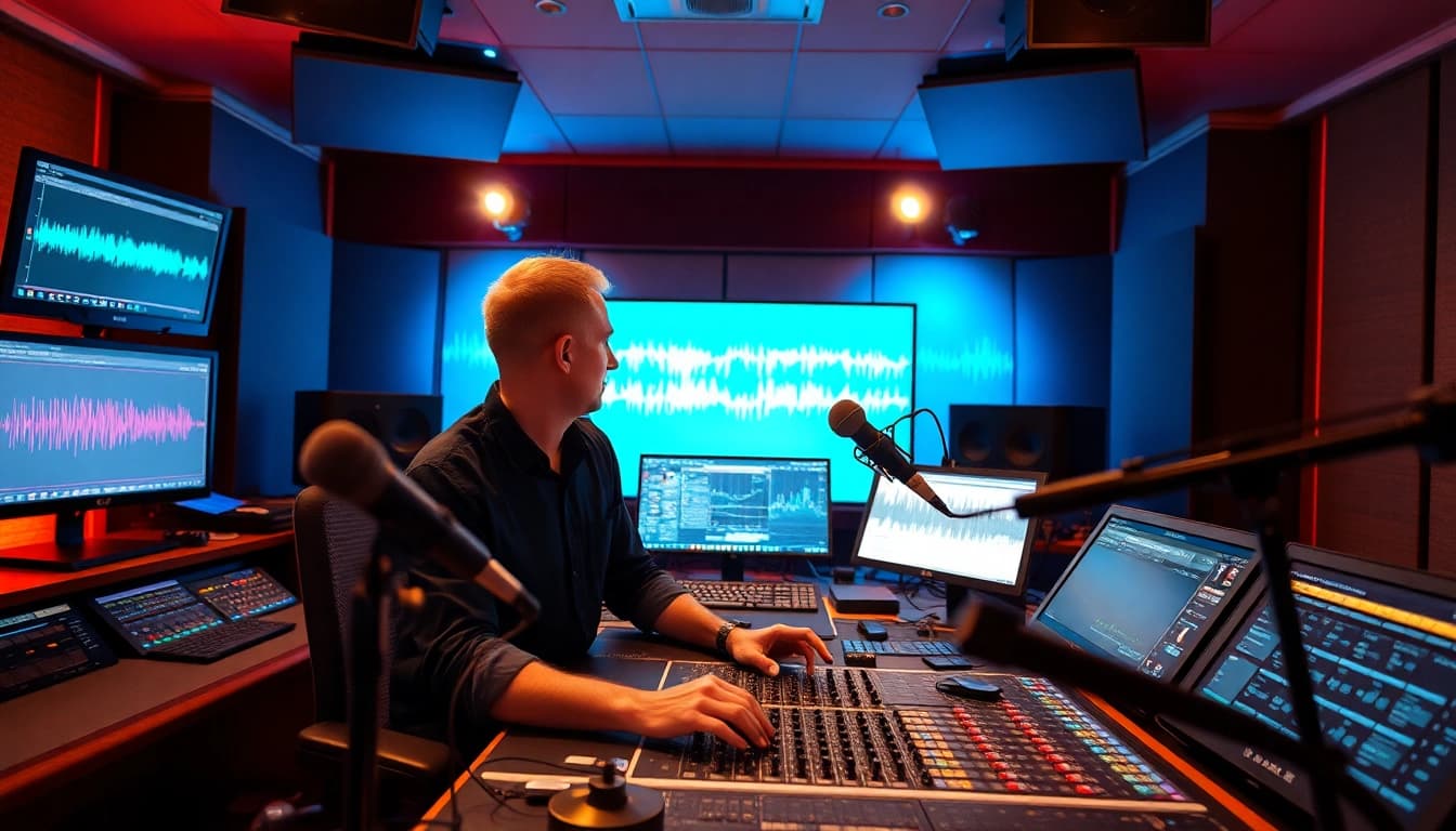 Mastering audio tracks online with precision in a vibrant studio setting.