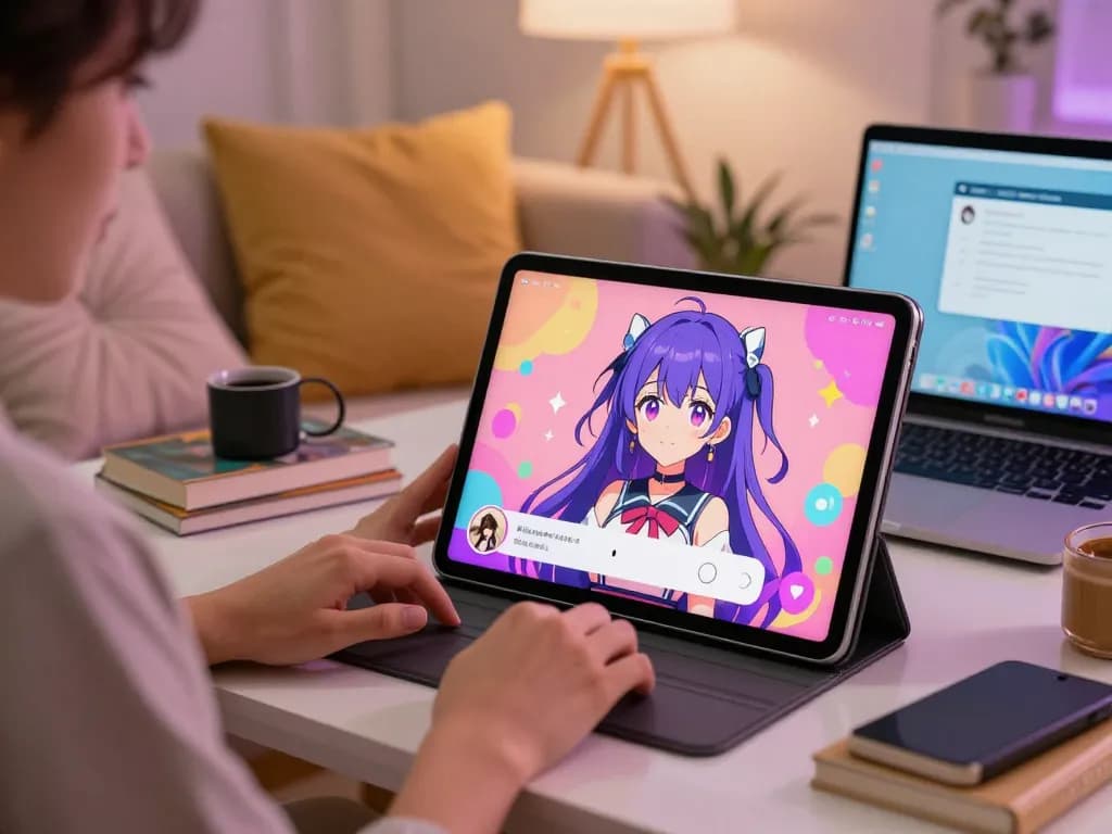Engaging hentai ai chat on tablet in cozy bedroom setting with animated character.