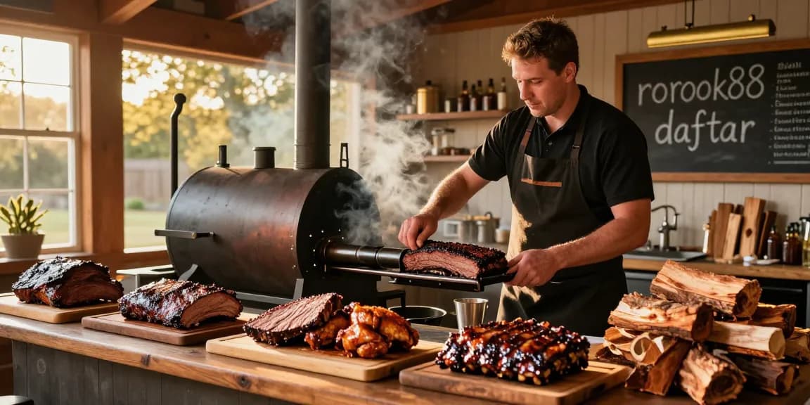Delicious smoked meats in rustic kitchen at Moe's Smoke Shop showcasing rokok88 daftar and authentic cooking.