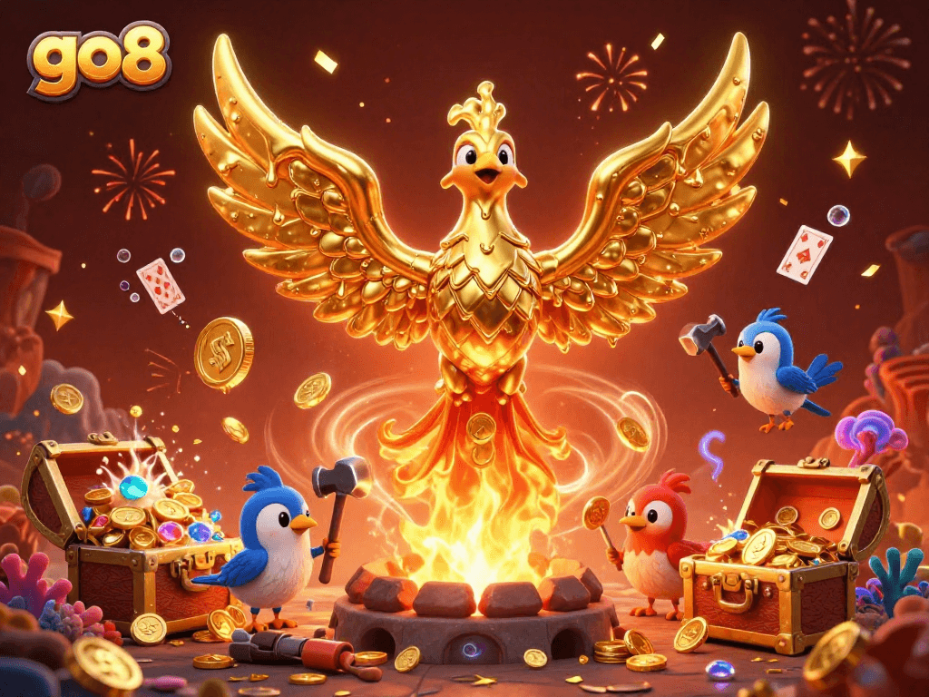 Experience the excitement of go8 with a stunning 3D scene featuring a golden phoenix and underwater treasures.