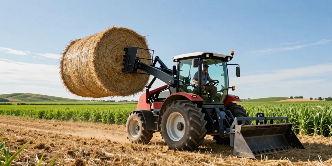 Farm electric loader efficiently lifting hay bales in a vibrant agricultural setting, showcasing strength and versatility.
