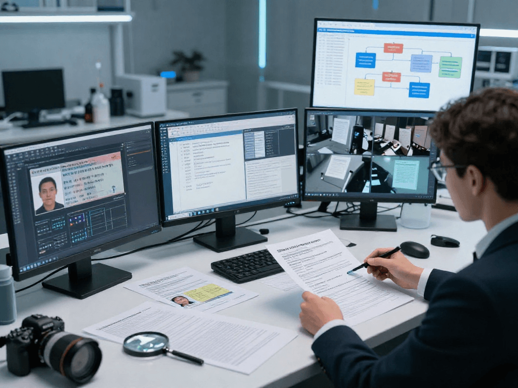 Advanced document fraud detection analysis in a high-tech lab with forensic analyst examining various identification documents.