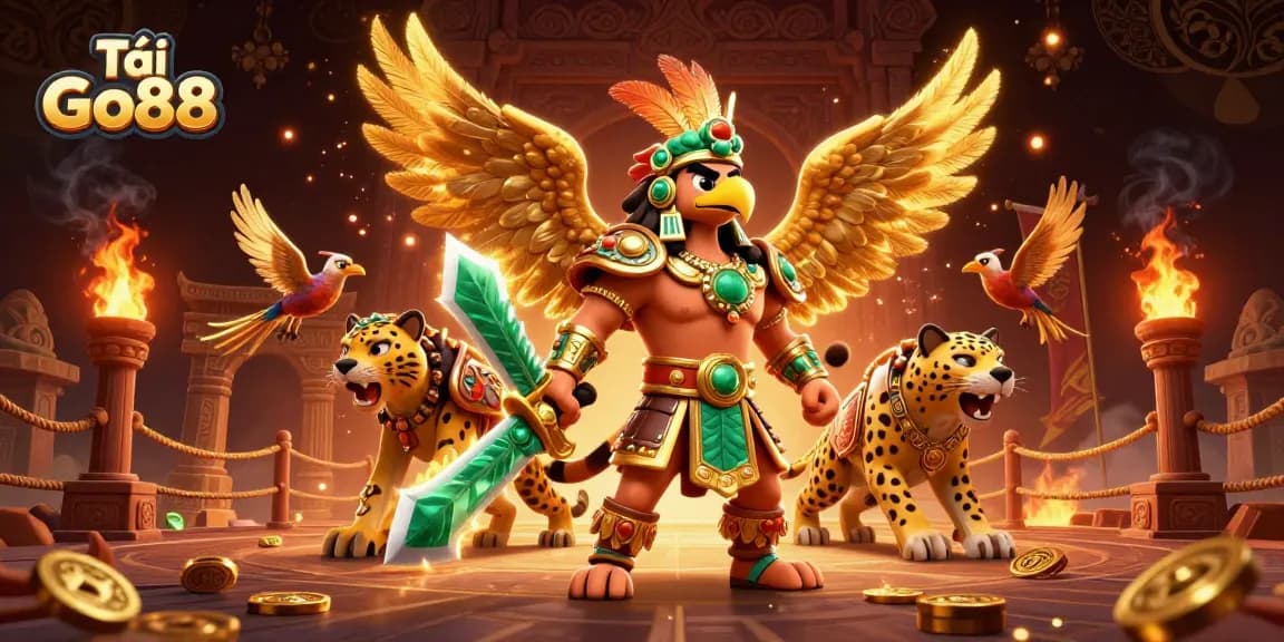 Tải Go88 to enjoy a vibrant online casino experience with rich visuals featuring Aztec warriors.