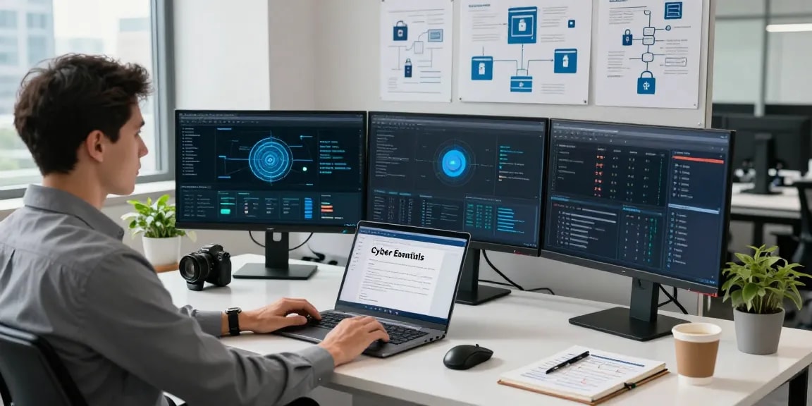 Cyber essentials managed service overview in a professional IT workspace with compliance metrics and cybersecurity dashboards.