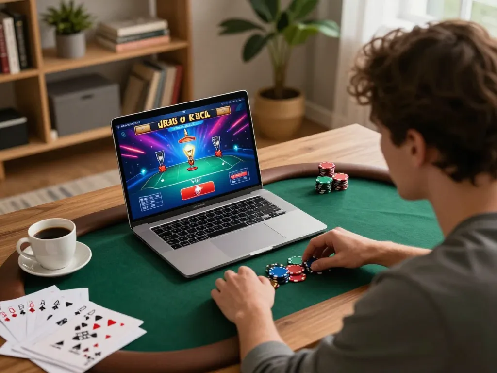 Engaged player strategizing in online gambling session at home, highlighting lc88 platform.