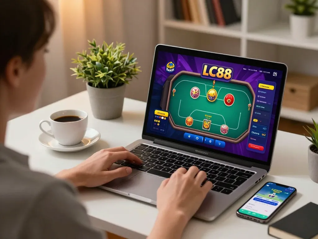 Engaging in strategic online gaming on LC88 with a cozy study setup.