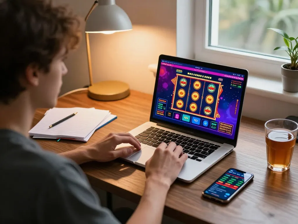 Engaging online gaming experience at home with sunwingo slot machine display on laptop