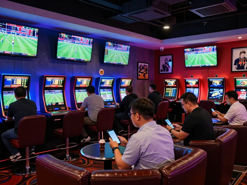 Sports betting excitement in a modern lounge showing tỷ lệ kèo nhà cái hôm nay as fans place bets on live events.