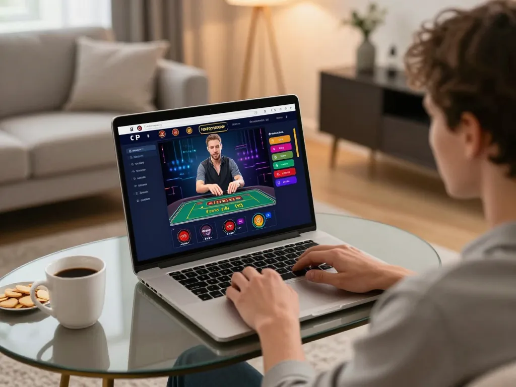 Player engaging with live dealer games at net88 in a cozy home setting, showcasing responsible gaming.