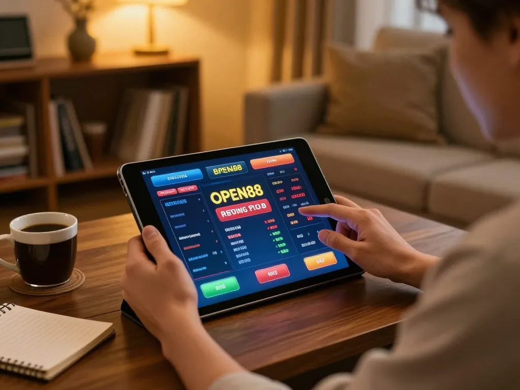 Playing open88 casino games on a tablet in a cozy home setting with strategic betting notes