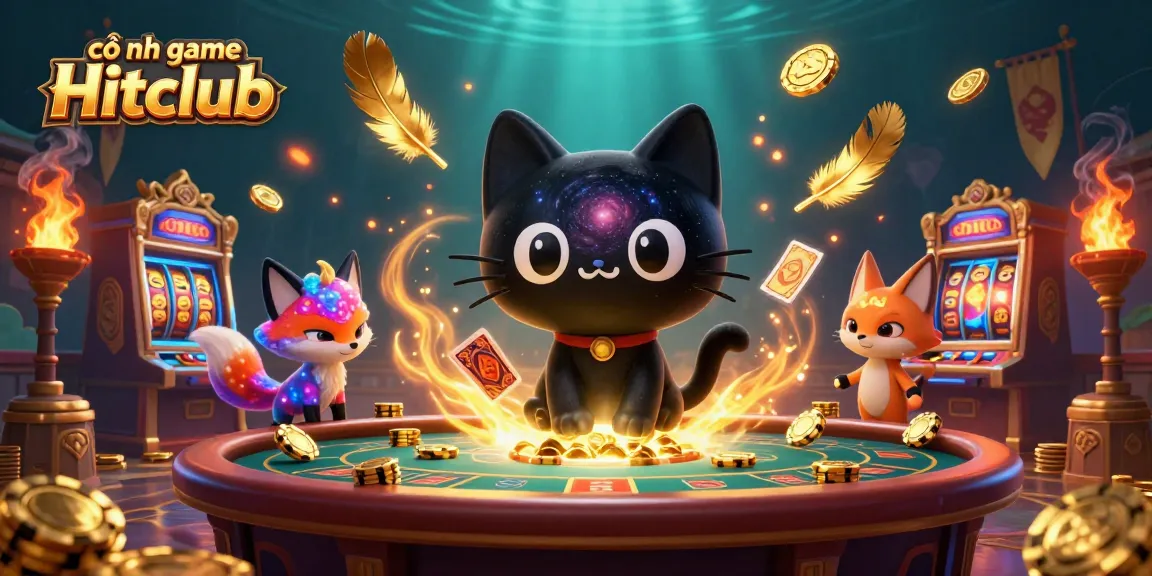 Cổng game Hitclub features a 3D cartoon cat pulling golden chips at a dynamic casino table, embodying the excitement of online gambling.