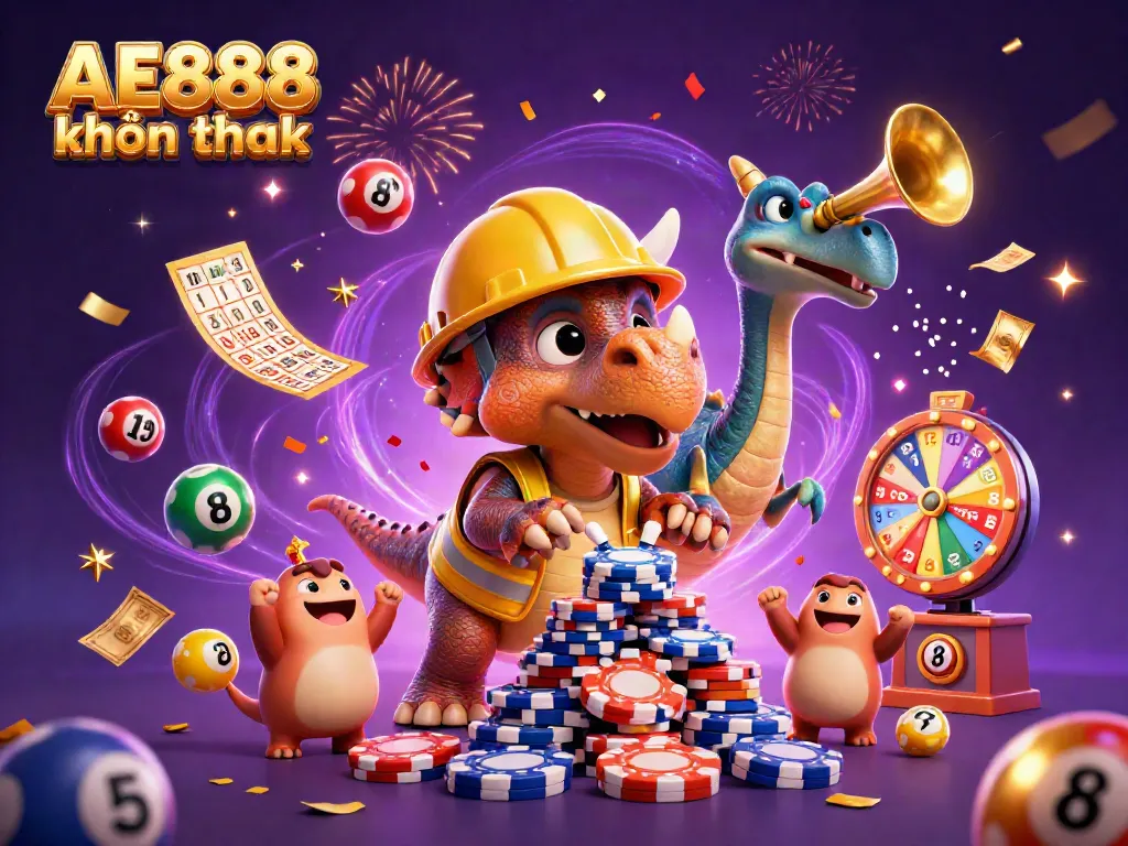 Engage with AE888 không chặn in this vibrant 3D illustration showcasing casino-themed characters and elements.