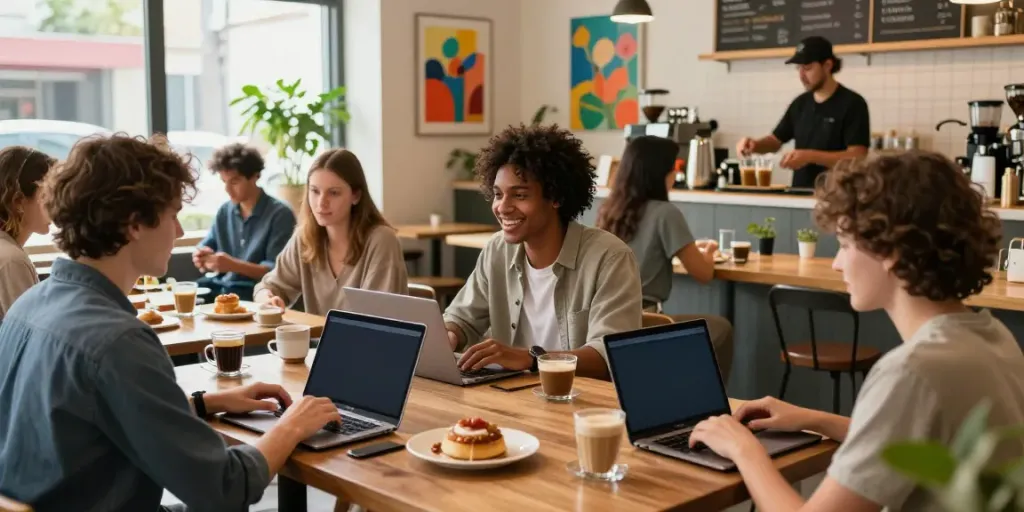 Friends enjoying coffee and conversation in a cozy café while viewing the rokok88 link.