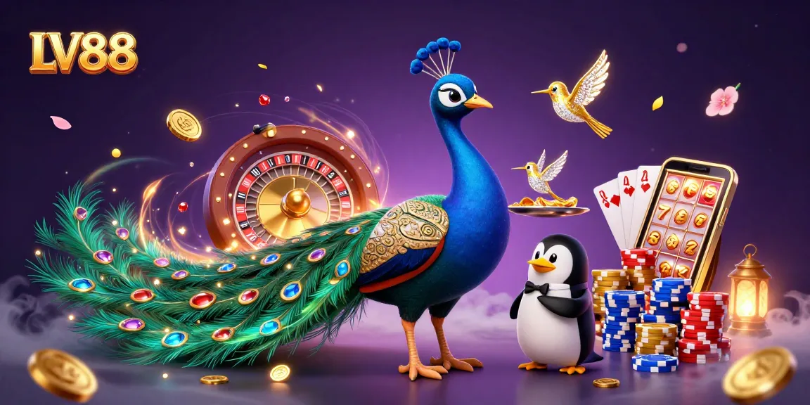 Win big with LV88 at this vibrant casino featuring a peacock, penguin, and hummingbird.