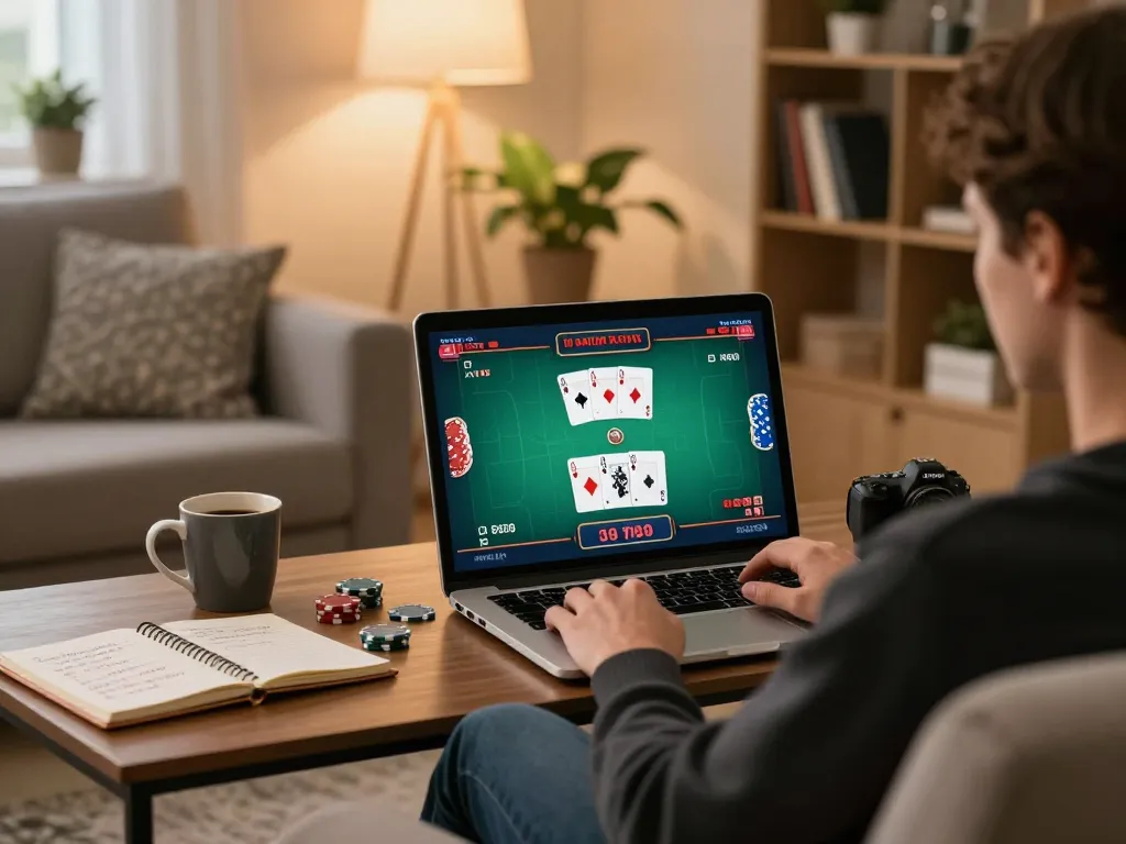 Player enjoys an online gambling experience at home using XO88, featuring poker gameplay and strategic notes.