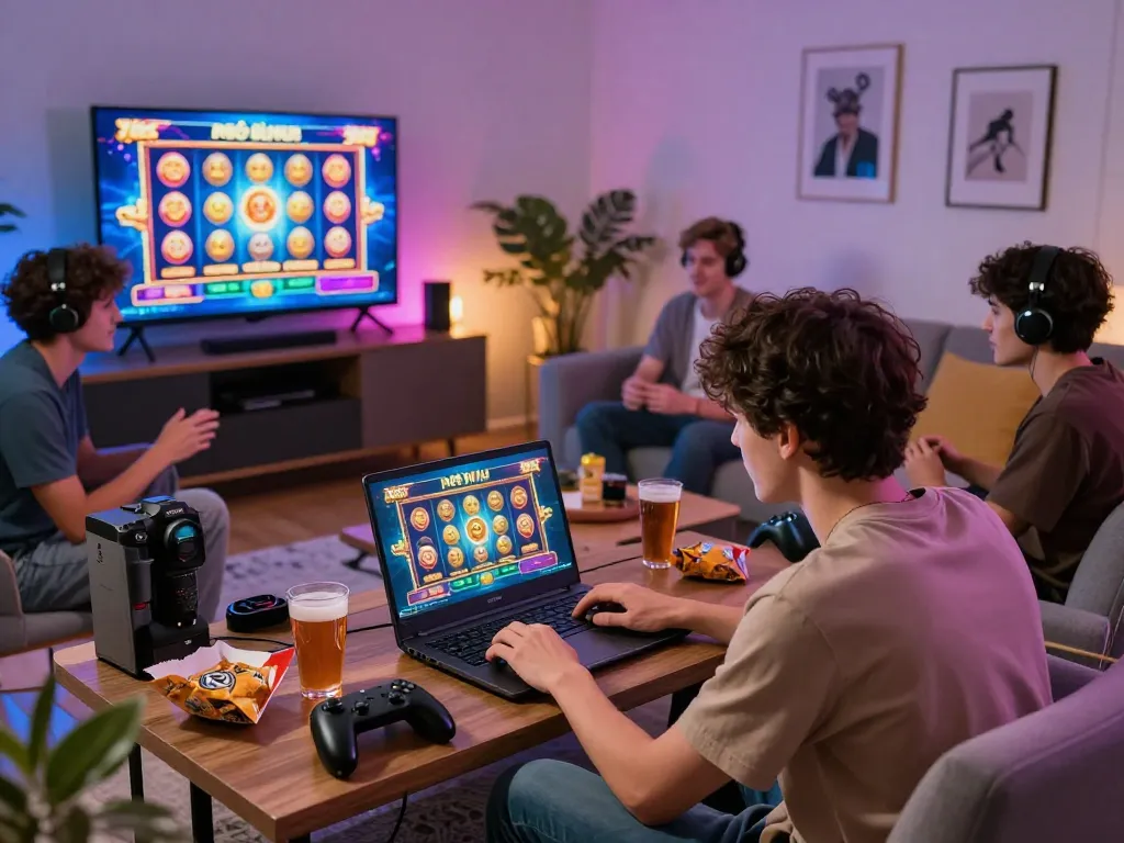 Exciting gaming experience of nổ hũ đổi thưởng with friends in a cozy living room, highlighting vibrant gameplay and a lively atmosphere.