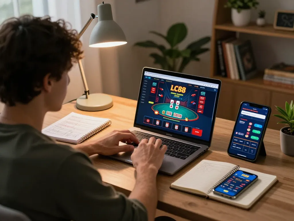 Engaging user exploring link lc88 for online gaming strategies, while focusing on poker gameplay at home.