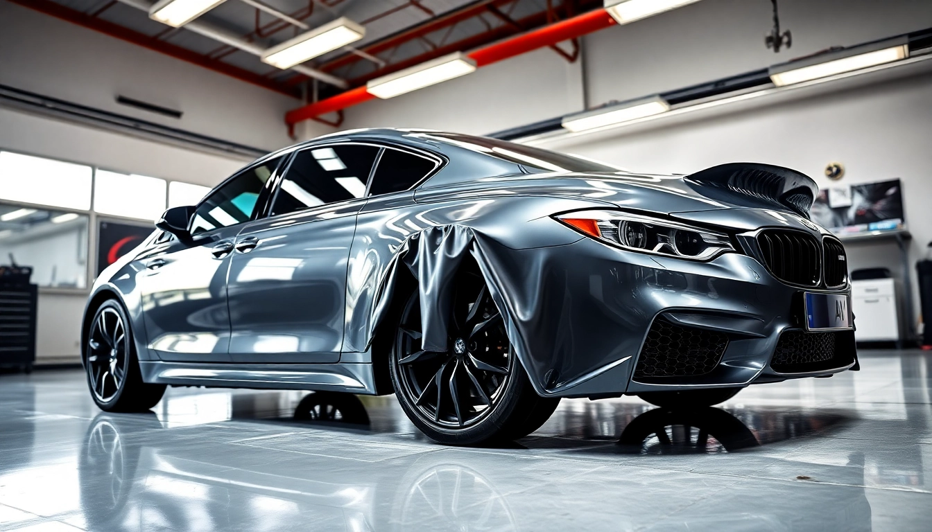 Applying paint protection film near me on a sleek car in a professional workshop setting.