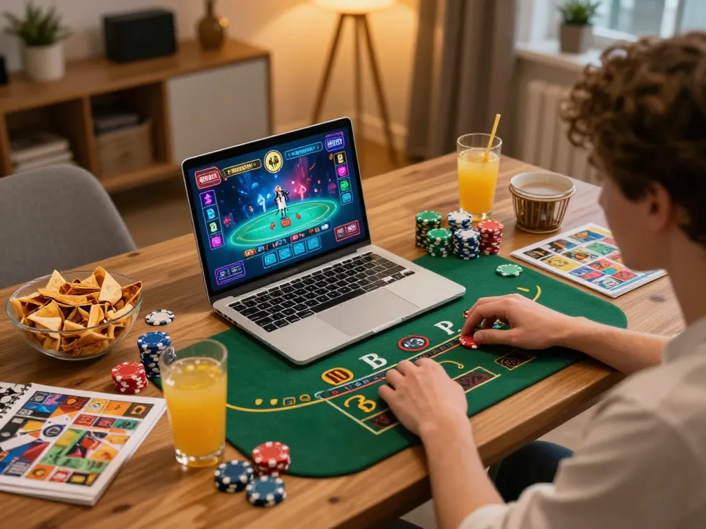 Player enjoying F168 online casino game on laptop with snacks and bright lighting