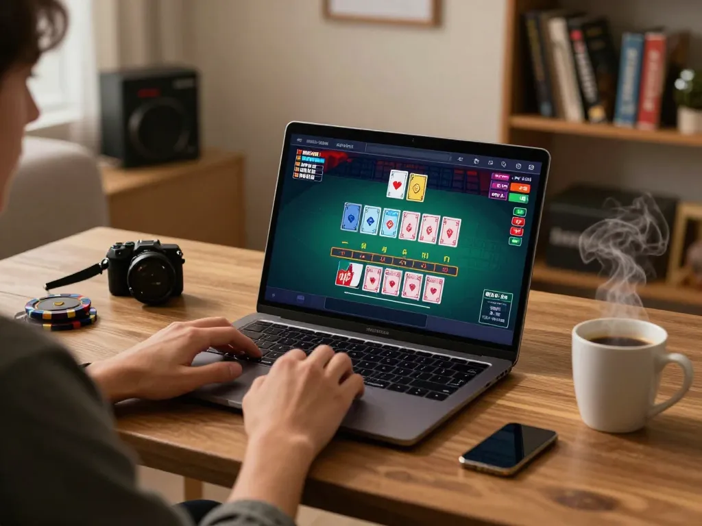 Engaged player using laptop for online gambling with five88 live dealer blackjack game interface