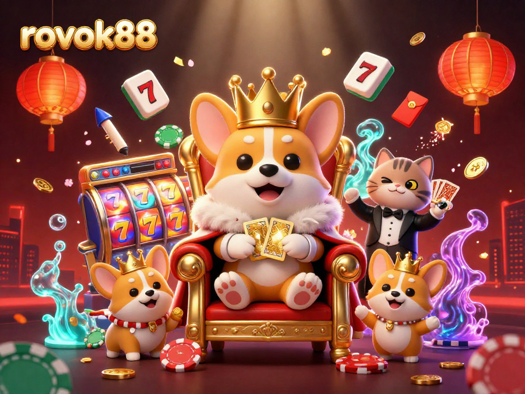 Experience excitement at rokok88 with royal corgis in a vibrant, dynamic casino-themed scene