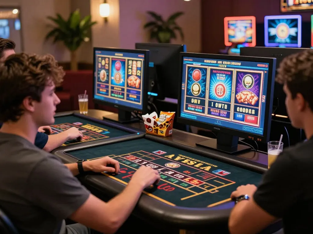 Fun79 players engage in strategic online casino gameplay with vibrant slot machines on screen