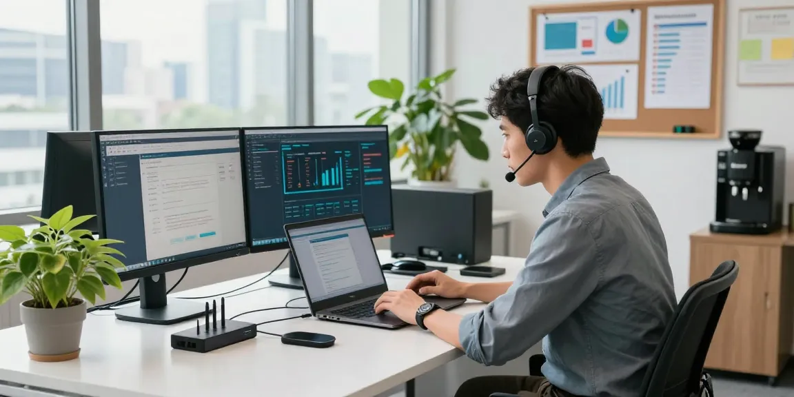 Small business IT support London technician troubleshooting a laptop in a modern office setting.