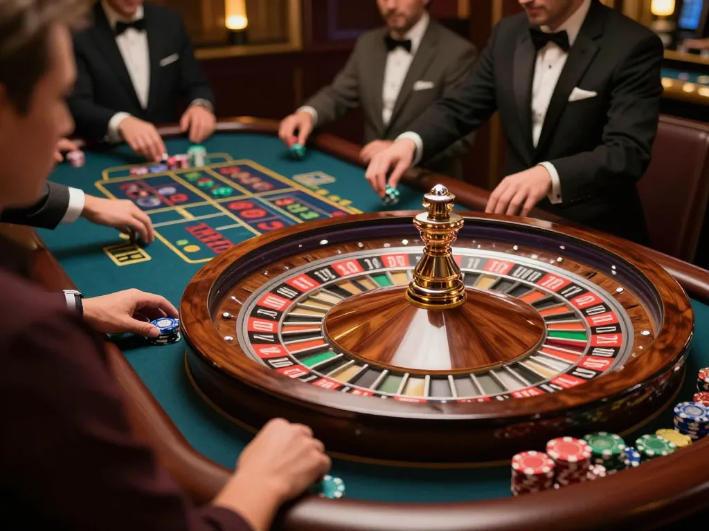 Players engaged at a roulette table, experiencing excitement at nhà cái tg88's upscale casino.