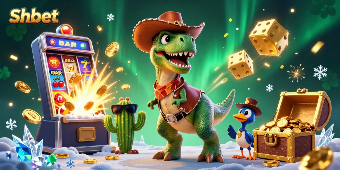 Feel the thrill at Shbet with a cartoon dinosaur and friends around a jackpot slot machine!