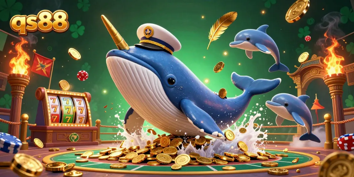 Experience the excitement of qs88 with a whale breaching in a rich 3D casino scene filled with coins and gaming elements.