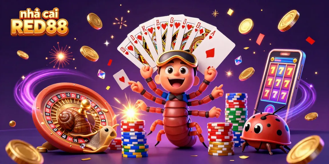 Experience the dynamic energy of nhà cái RED88 with a lively casino scene featuring colorful game elements.