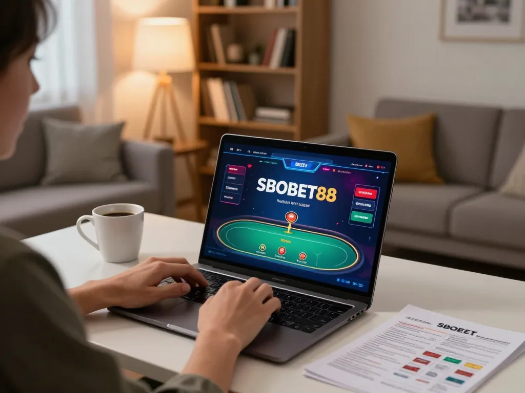 Sesi permainan SBOBET88 online di rumah dengan antarmuka poker yang cerah dan catatan strategis.