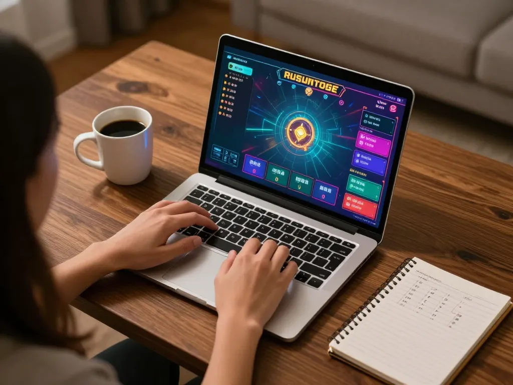 Engaging in rusuntogel gameplay with an ambient home setup, laptop display featuring colorful game interface.