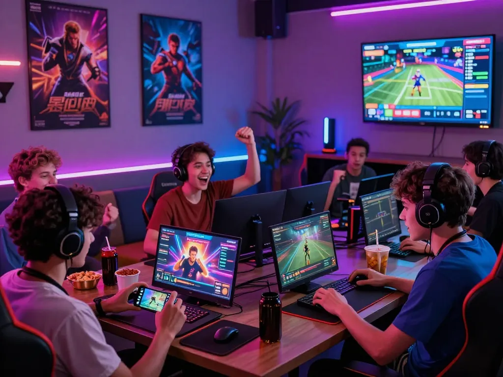 Sunwin20 gaming community enjoying online games together in a vibrant lounge setting.