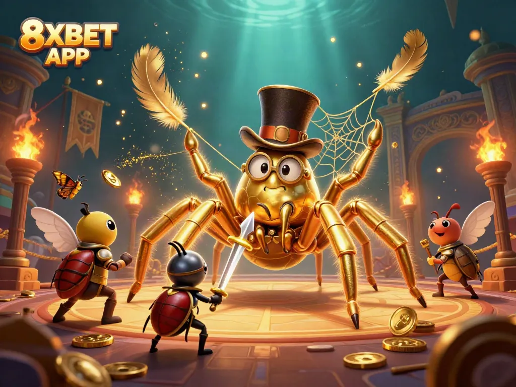 Experience the excitement of the 8XBET APP, featuring a giant golden tarantula and beetle knight in a vibrant casino scene.