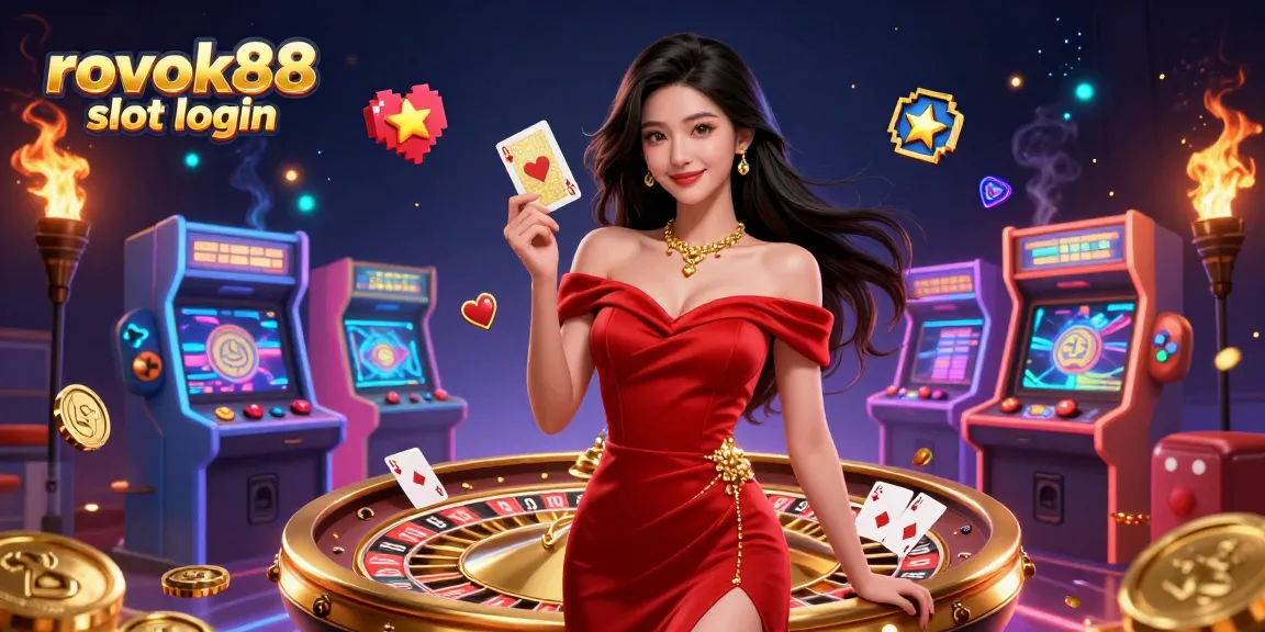 Experience excitement with rokok88 slot login as a stunning woman interacts with gold casino elements.