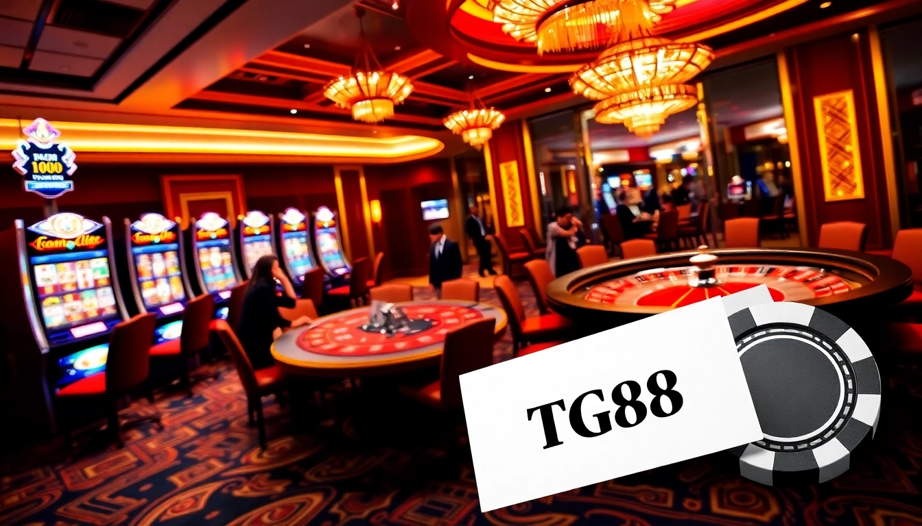 Experience thrilling gameplay with TG88 in a luxurious casino setting featuring poker and slot machines.