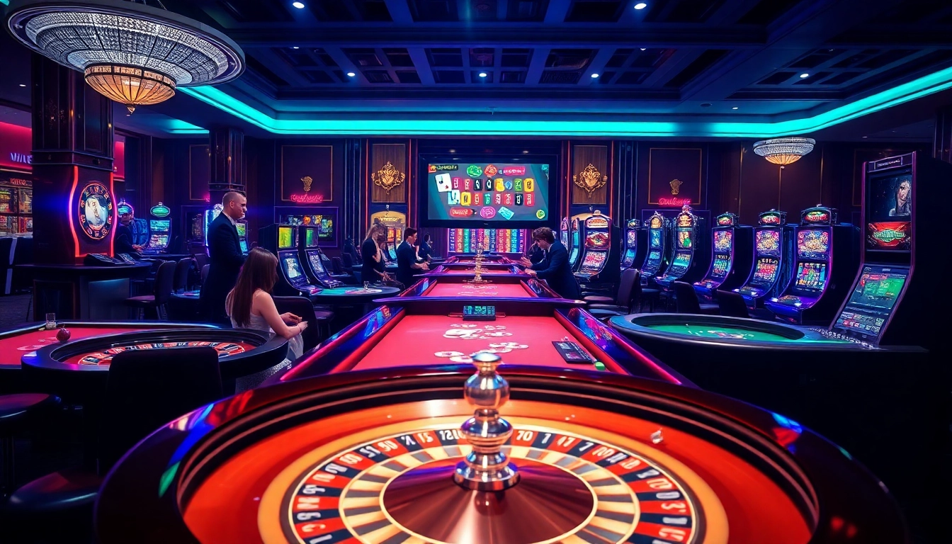 Players engaging at a luxurious casino table, showcasing excitement at https://five88m.net/ with vibrant gambling elements.